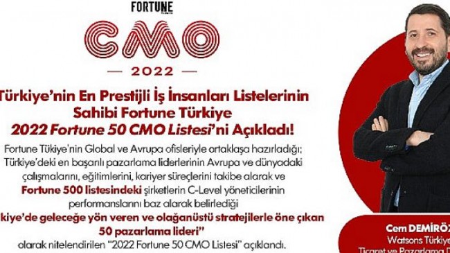 Watsons Türkiye Ticaret ve Pazarlama Direktörü Cem Demiröz İkinci Kez  “Fortune 50 CMO” Listesi’nde!