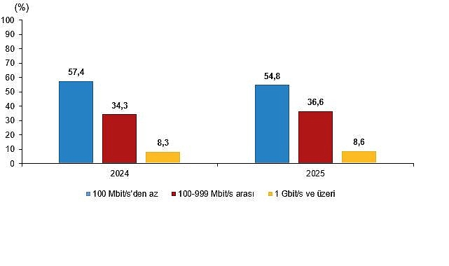 Sabit hat İnternet kullanan girişimlerin %8,6'sı 1 Gbit/s ve üzeri