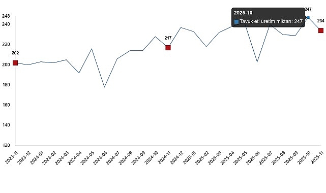      Tavuk eti üretimi 233 bin 887